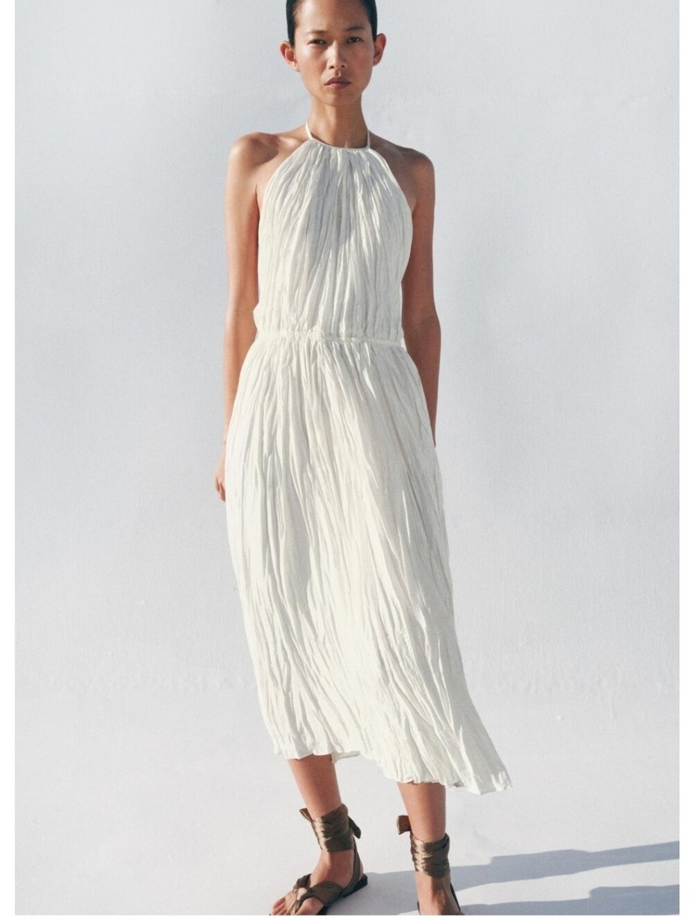 Zara Cream Pleated Halter Midi Dress